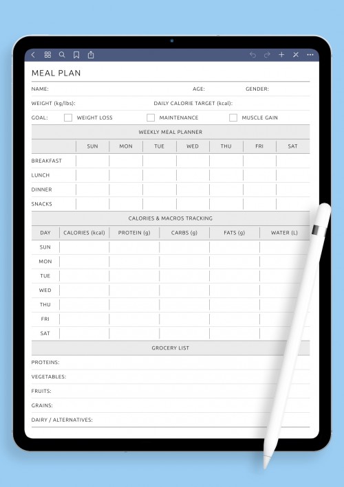 Meal Plan: Calories &amp; Macros template for GoodNotes